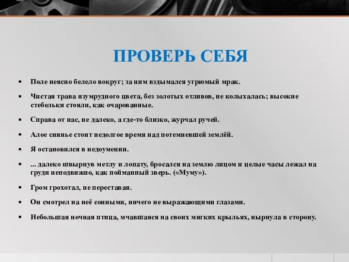 ПРОВЕРЬ СЕБЯ Поле неясно белело вокруг; за ним вздымался угрюмый мрак.