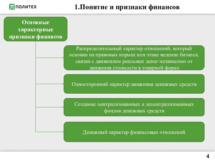 1.Понятие и признаки финансов Основные характерные признаки финансов Распределительный характер отношений,