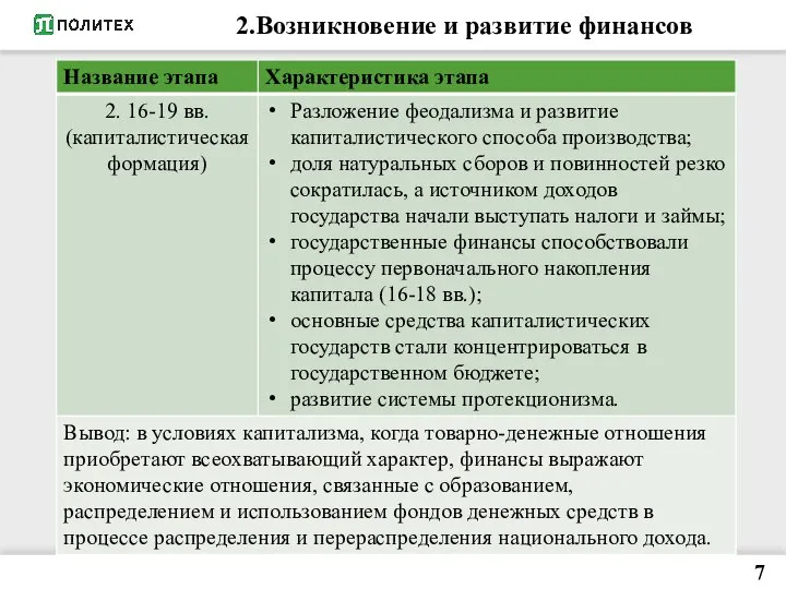 2.Возникновение и развитие финансов 7