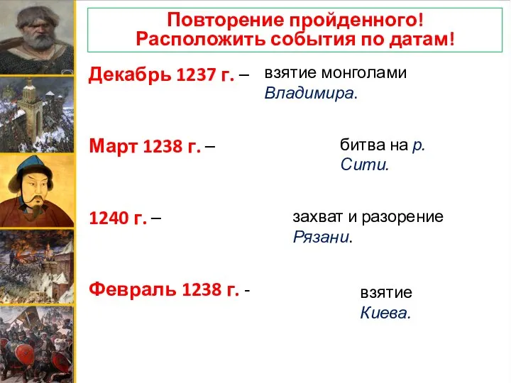 Повторение пройденного! Расположить события по датам! Декабрь 1237 г. – Март