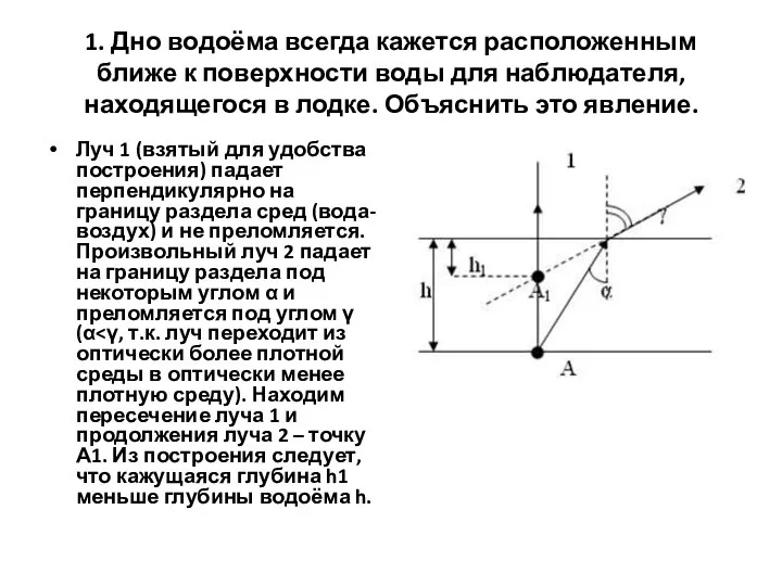 1. Дно водоёма всегда кажется расположенным ближе к поверхности воды для