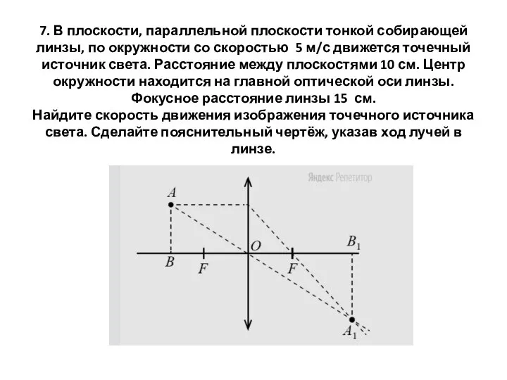 7. В плоскости, параллельной плоскости тонкой собирающей линзы, по окружности со