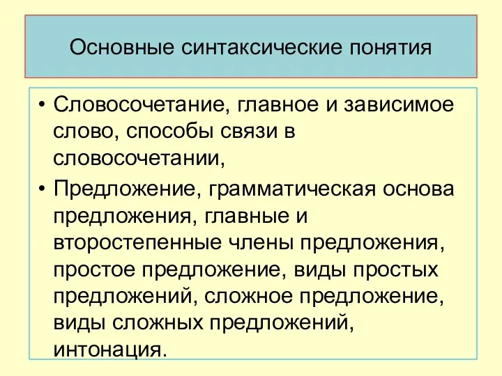 Основные синтаксические понятия Словосочетание, главное и зависимое слово, способы связи в