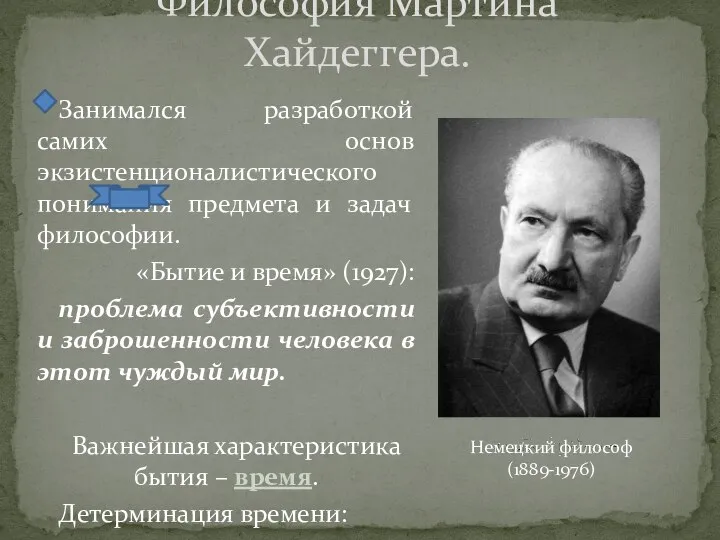 Философия Мартина Хайдеггера. Занимался разработкой самих основ экзистенционалистического понимания предмета и