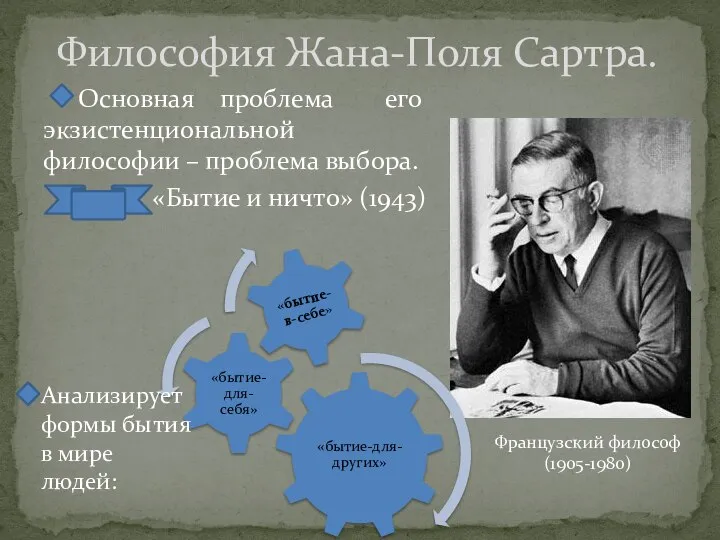 Философия Жана-Поля Сартра. Основная проблема его экзистенциональной философии – проблема выбора.