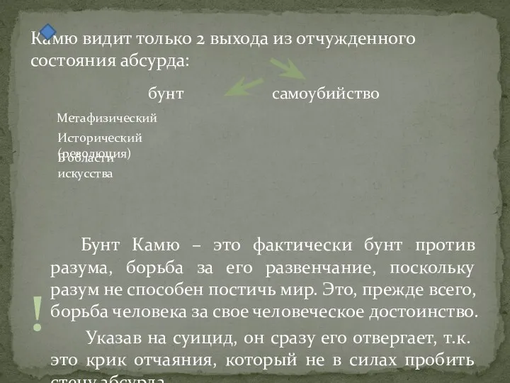 Камю видит только 2 выхода из отчужденного состояния абсурда: Бунт Камю