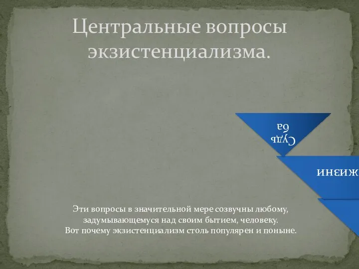 Существование человека Смысл его жизни Судьба Центральные вопросы экзистенциализма. Эти вопросы