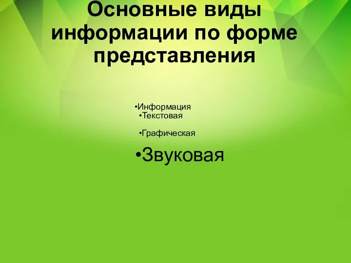 Основные виды информации по форме представления Информация Текстовая Графическая Звуковая