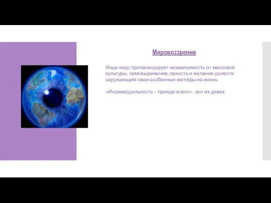 Мировоззрение Инди-кидс пропагандирует независимость от массовой культуры, самовыражение, яркость и желание