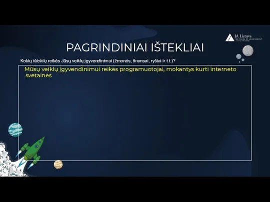 PAGRINDINIAI IŠTEKLIAI Mūsų veiklų įgyvendinimui reikės programuotojai, mokantys kurti interneto svetaines