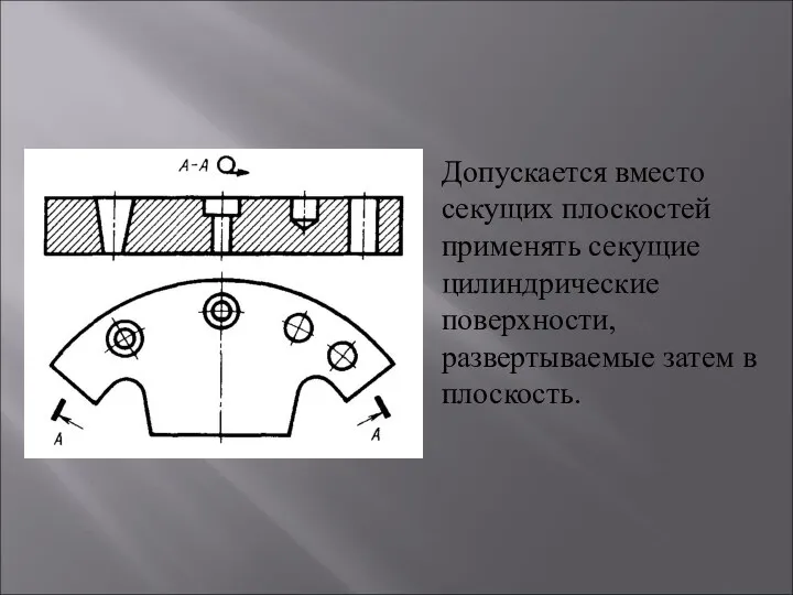 Допускается вместо секущих плоскостей применять секущие цилиндрические поверхности, развертываемые затем в плоскость.