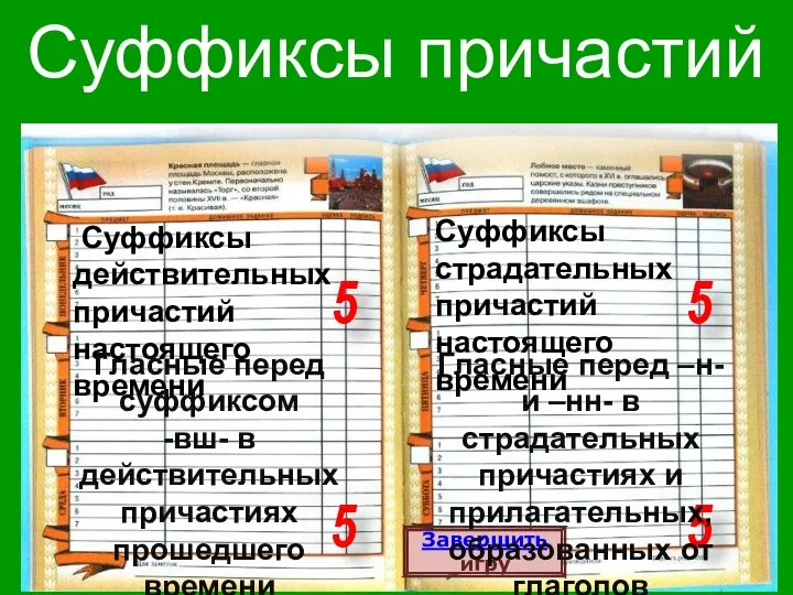 Завершить игру Суффиксы действительных причастий настоящего времени Суффиксы страдательных причастий настоящего