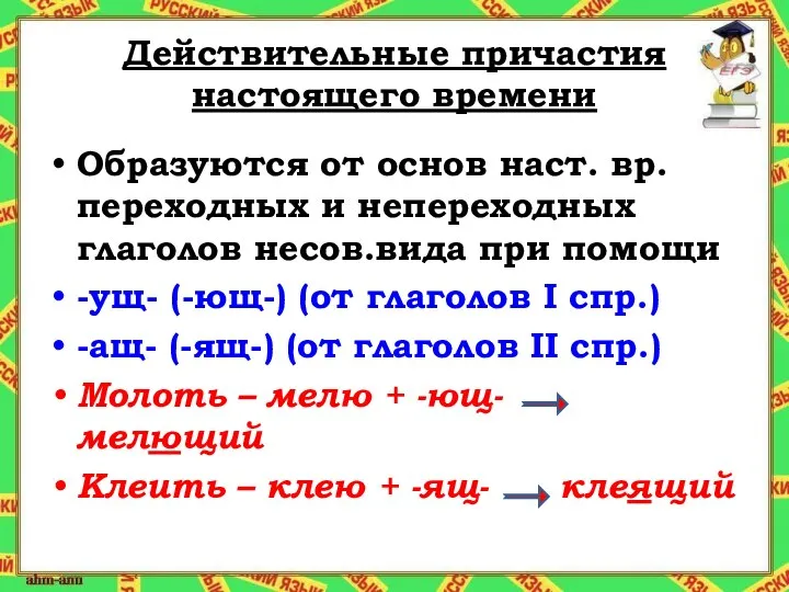 Действительные причастия настоящего времени Образуются от основ наст. вр. переходных и