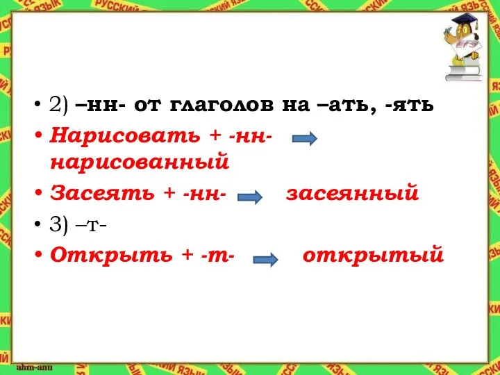 2) –нн- от глаголов на –ать, -ять Нарисовать + -нн- нарисованный