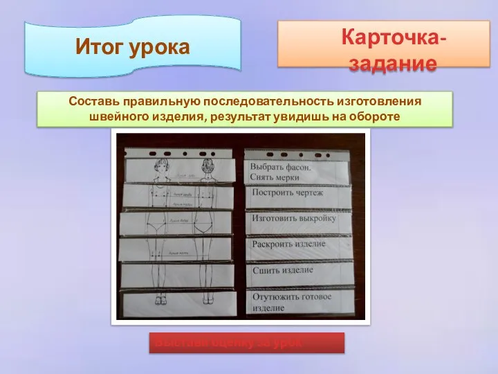 Карточка-задание Итог урока Составь правильную последовательность изготовления швейного изделия, результат увидишь