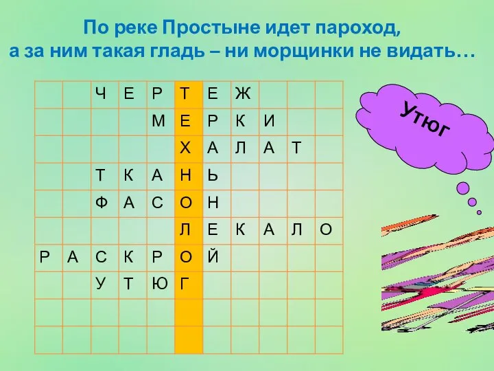 По реке Простыне идет пароход, а за ним такая гладь – ни морщинки не видать… Утюг