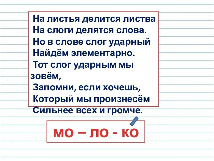 На листья делится листва На слоги делятся слова. Но в слове