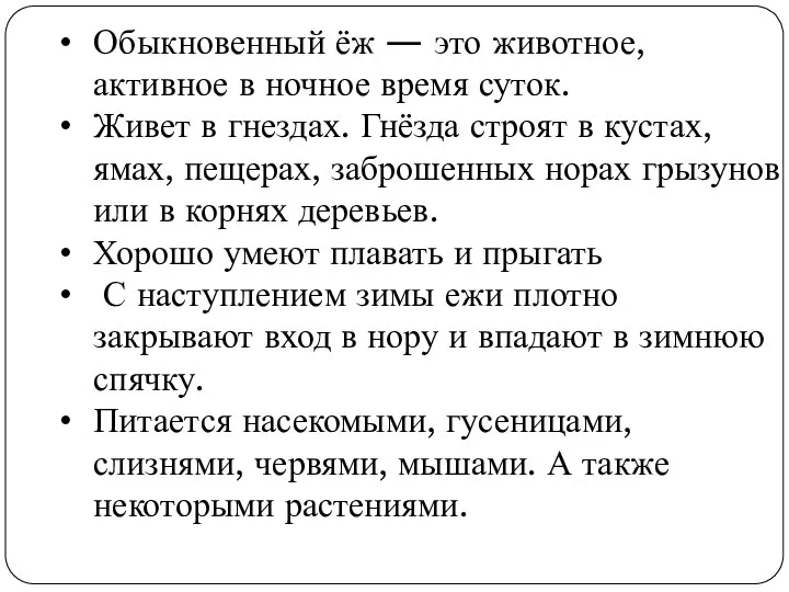 Обыкновенный ёж — это животное, активное в ночное время суток. Живет