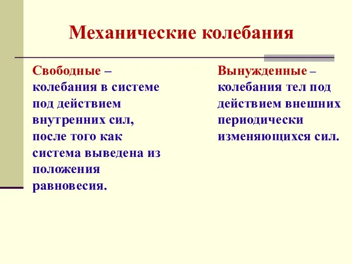 Механические колебания Свободные – колебания в системе под действием внутренних сил,