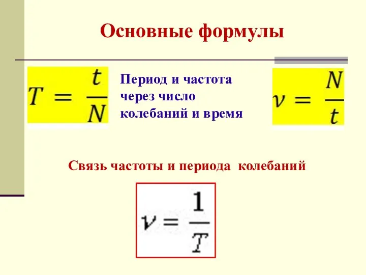 Основные формулы Период и частота через число колебаний и время Связь частоты и периода колебаний