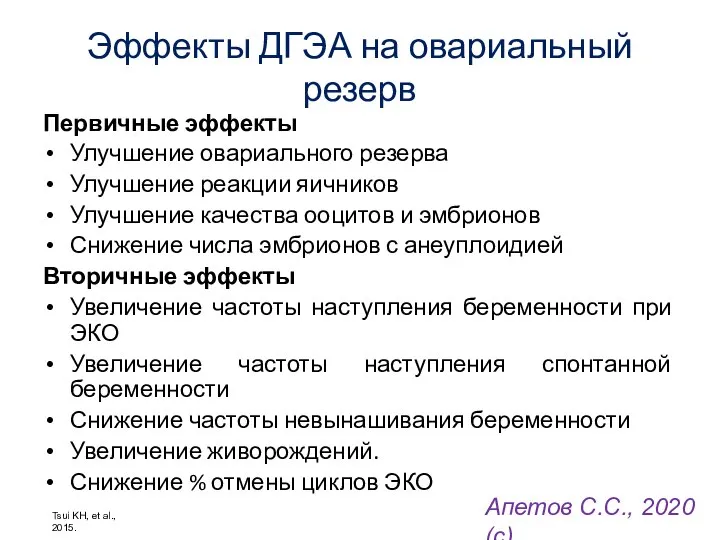 Эффекты ДГЭА на овариальный резерв Первичные эффекты Улучшение овариального резерва Улучшение