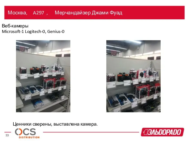 Москва, A297 , Мерчандайзер Джами Фуад Веб-камеры Microsoft-1 Logitech-0, Genius-0 Ценники сверены, выставлена камера.