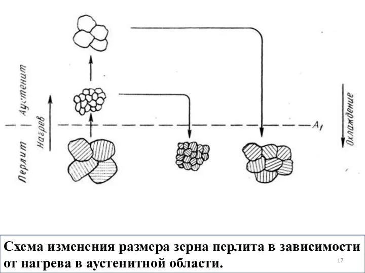 Схема изменения размера зерна перлита в зависимости от нагрева в аустенитной области.