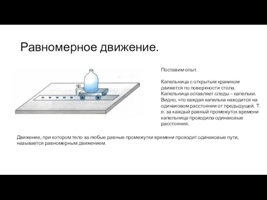 Равномерное движение. Поставим опыт. Капельница с открытым краником движется по поверхности