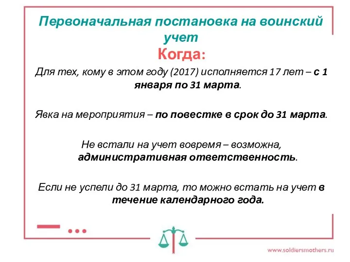 Первоначальная постановка на воинский учет Когда: Для тех, кому в этом