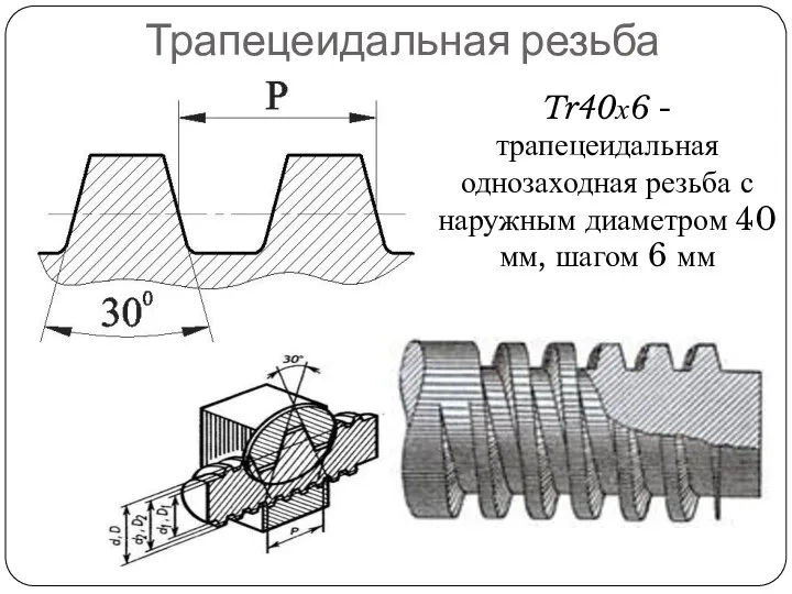 Трапецеидальная резьба Tr40х6 - трапецеидальная однозаходная резьба с наружным диаметром 40 мм, шагом 6 мм