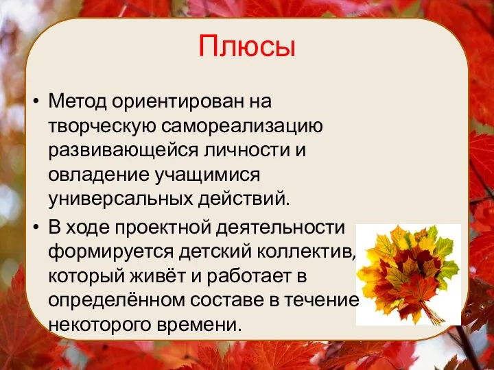 Плюсы Метод ориентирован на творческую самореализацию развивающейся личности и овладение учащимися