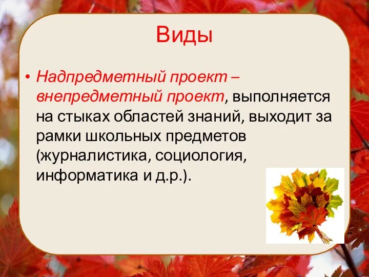 Виды Надпредметный проект – внепредметный проект, выполняется на стыках областей знаний,