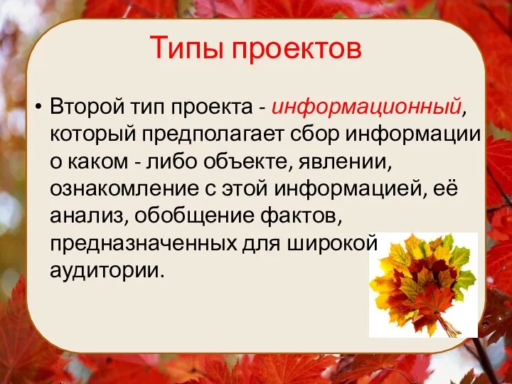 Типы проектов Второй тип проекта - информационный, который предполагает сбор информации