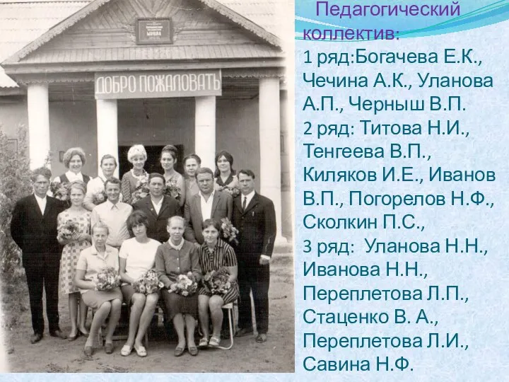 Педагогический коллектив: 1 ряд:Богачева Е.К., Чечина А.К., Уланова А.П., Черныш В.П.