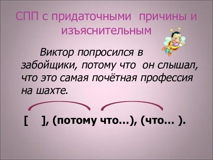 СПП с придаточными причины и изъяснительным Виктор попросился в забойщики, потому