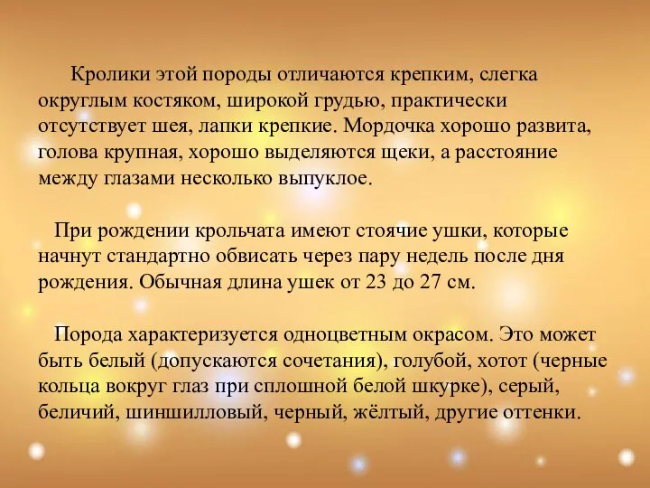 Кролики этой породы отличаются крепким, слегка округлым костяком, широкой грудью, практически