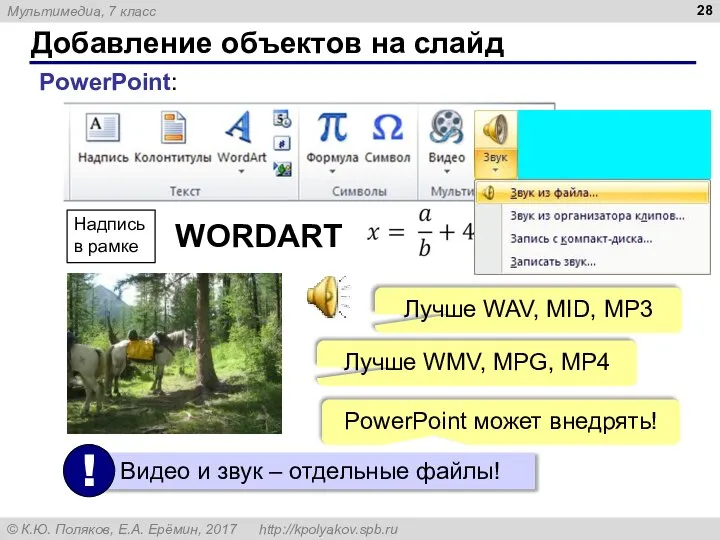 Добавление объектов на слайд PowerPoint: Надпись в рамке WORDART Лучше WMV,