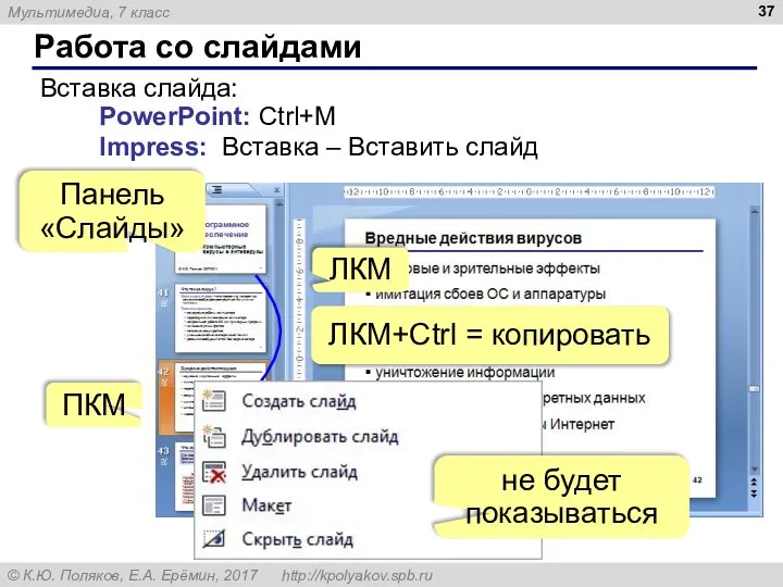 Работа со слайдами PowerPoint: Ctrl+M Impress: Вставка – Вставить слайд ПКМ