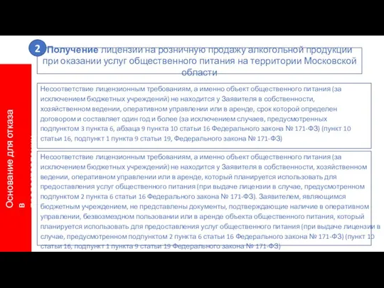 Основание для отказа в предоставлении услуги Несоответствие лицензионным требованиям, а именно