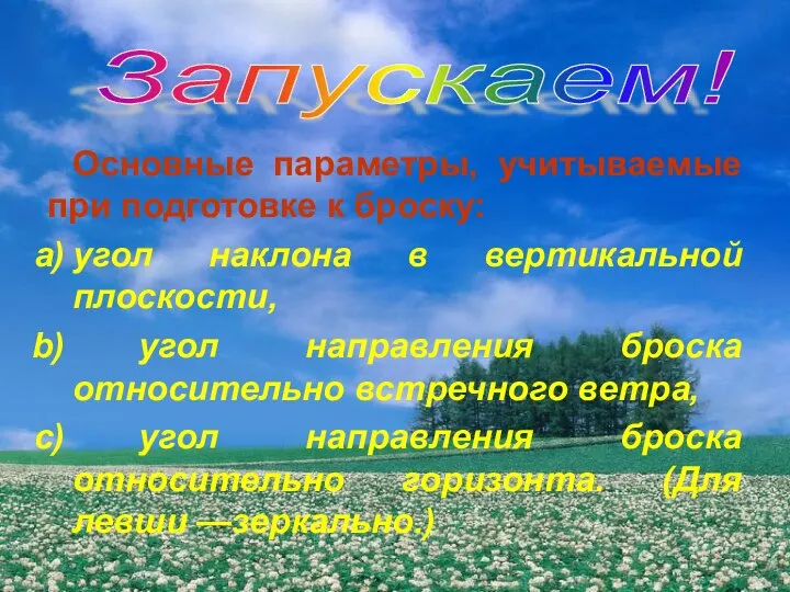 Основные параметры, учитываемые при подготовке к броску: угол наклона в вертикальной