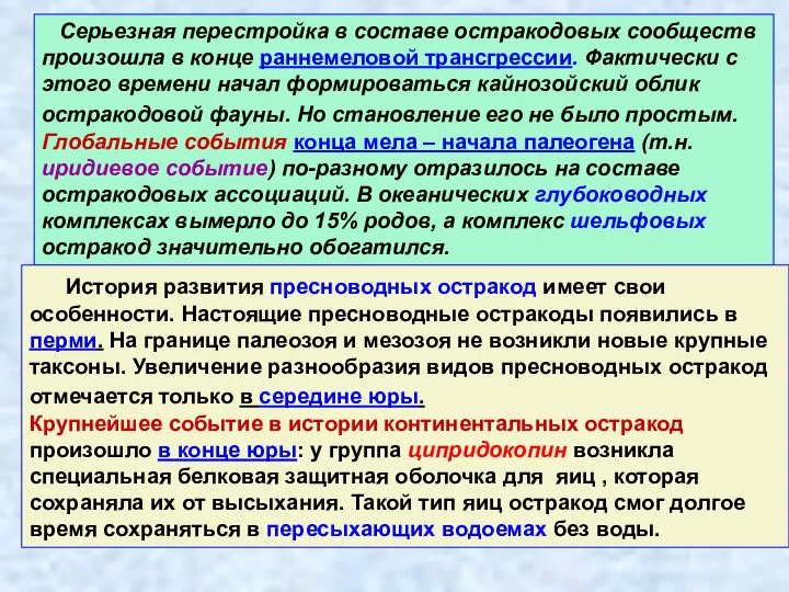 Серьезная перестройка в составе остракодовых сообществ произошла в конце раннемеловой трансгрессии.