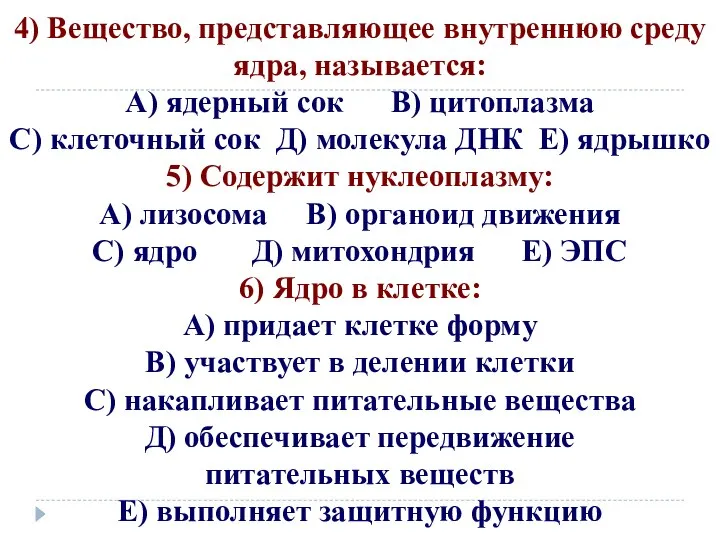 4) Вещество, представляющее внутреннюю среду ядра, называется: А) ядерный сок В)