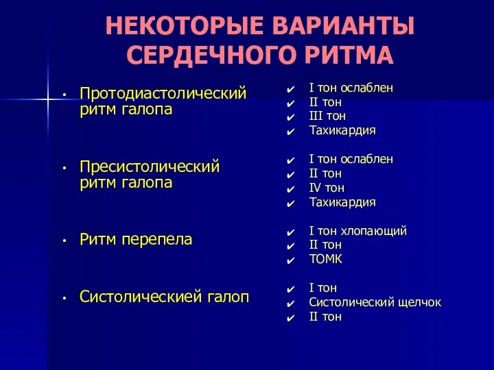 НЕКОТОРЫЕ ВАРИАНТЫ СЕРДЕЧНОГО РИТМА Протодиастолический ритм галопа Пресистолический ритм галопа Ритм