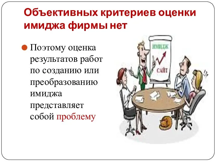 Объективных критериев оценки имиджа фирмы нет Поэтому оценка результатов работ по