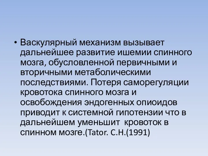 Васкулярный механизм вызывает дальнейшее развитие ишемии спинного мозга, обусловленной первичными и