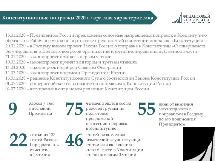 Конституционные поправки 2020 г.: краткая характеристика 15.01.2020 – Президентом России предложены