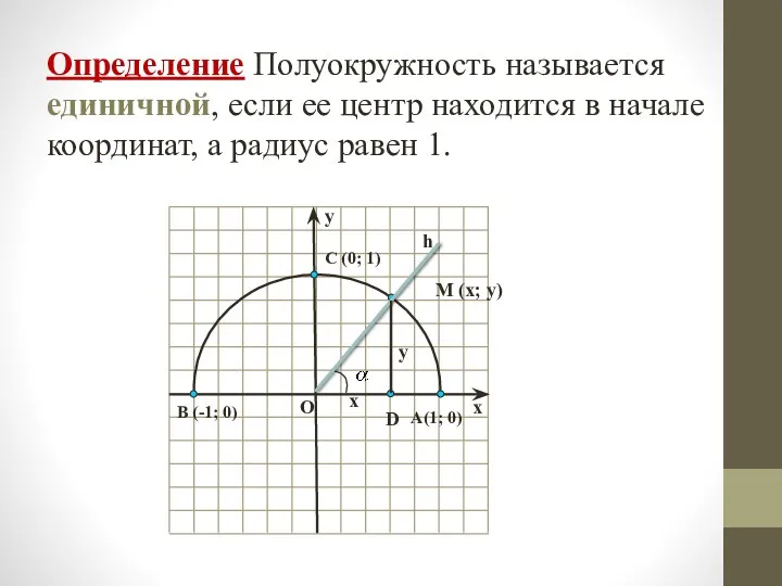 Определение Полуокружность называется единичной, если ее центр находится в начале координат,