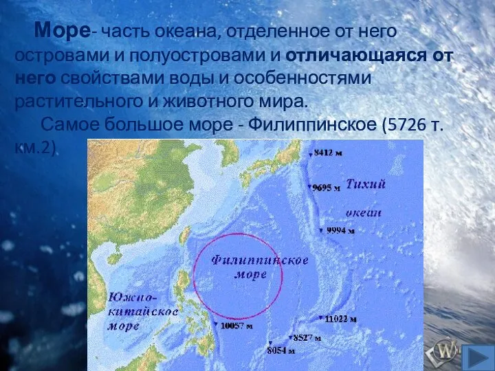 Море- часть океана, отделенное от него островами и полуостровами и отличающаяся