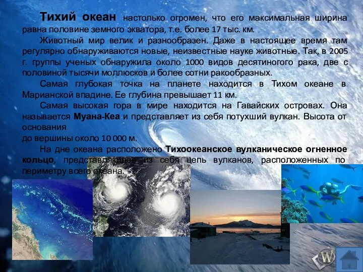 Тихий океан настолько огромен, что его максимальная ширина равна половине земного