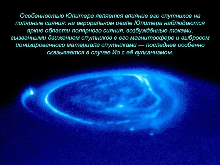 Особенностью Юпитера является влияние его спутников на полярные сияния: на авроральном